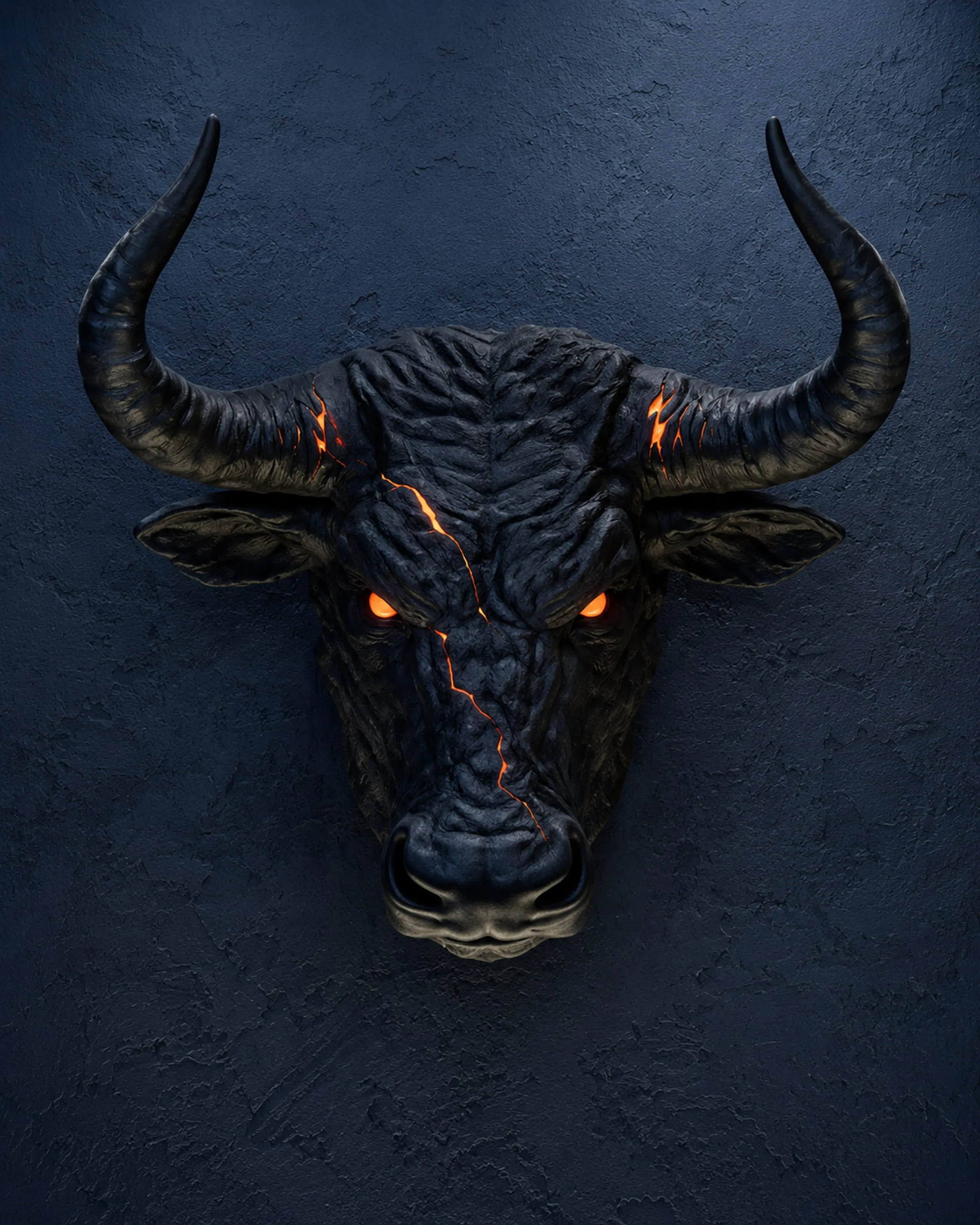 Skulptura býka. Hlava býka jako nástěnná instalace, s podsvícením.
